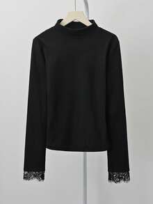 法式优雅黑色蕾丝长袖T恤，女士高端叠穿上衣，春季款 - 黑色 - 查看 9