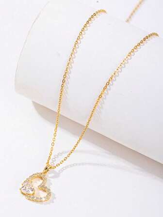 1 st mångsidigt halsband med zirkonia-hänge i ihåligt dubbelt hjärtformat, lämpligt för vardags- och festdekoration, julklapp till familj och vänner