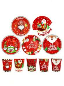 12 件圣诞主题一次性纸杯和盘子套装，圣诞节一次性纸杯和盘子 - 彩色 - 查看 2