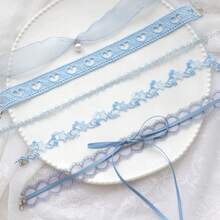 1/4/5/6pcs Handmade Lolita Accessories Women's Neckband Bowknot Blue Heart Pendant Choker Collarbone Chain Butterfly Necklace Suitable For Comic Exhibition Activities Necklace - Sợi len sóng xanh số 3 - Xem 2