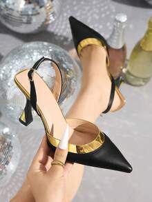 女士经典撞色尖头高跟鞋，时尚后跟露趾高跟鞋，优雅女士猫跟鞋，黑色高跟凉鞋，可搭配夏季连衣裙，百搭优雅派对礼服鞋，秋冬双色PU高跟鞋，女士正装黑色高跟鞋，简约办公室工作鞋，晚宴派对高跟鞋/夏季女士凉鞋 - 黑色 - 查看 13