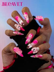 BEGAVET Y2K Nails 10pcs Handmade Salon Quality Nail Art Press On Nails Pink Nails Long Stilletto Exclusive Design 3D Nails With 3D Charms, Suitable For Parties/Music Festival And Daily Wear - Pink - View 2