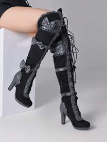 Women Over The Knee Y2K Fashionable Boots Chunky Heel With Side Zipper Gothic Bowknot Club Party Shoes Fall Winter Shoes - màu đen - Xem 5