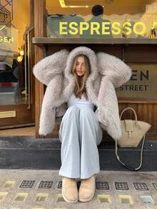 Casual Chic Faux Fur Hooded Women's Warm Daily Commute Hoodie Faux Fur Jacket, Chunky Sweatshirt, Winter Jacket For Women, Clothes For New Year - Grey - View 6