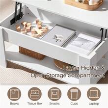 Butterslay 1PC Rustic Lift-Top Coffee Table, Center Table With Hidden Compartment & Open Shelf, Space-Saving Side Table For Living Room, Reception Room, Office - trắng - Xem 9
