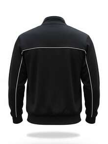 Men's Spring/Autumn Stand Collar Zipper Fashion Casual Piping Two-Stripe Loose Jacket Coat - Black - View 4