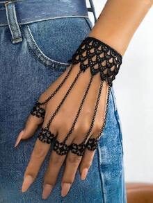 1pc Gothic Style Women's Black Sexy Hollow Lace Bracelet With Adjustable Semi-Open Ring, Tassel, Punk Butterfly Finger Ring Bracelet, Fashion Accessory - Multicolor - View 1