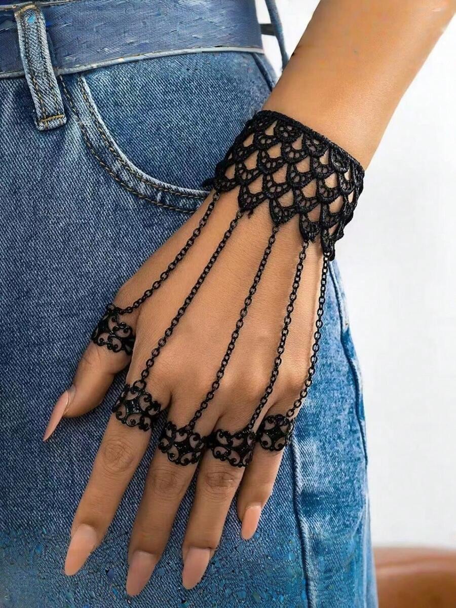 1pc Gothic Style Women's Black Sexy Hollow Lace Bracelet With Adjustable Semi-Open Ring, Tassel, Punk Butterfly Finger Ring Bracelet, Fashion Accessory - Multicolor - View 1