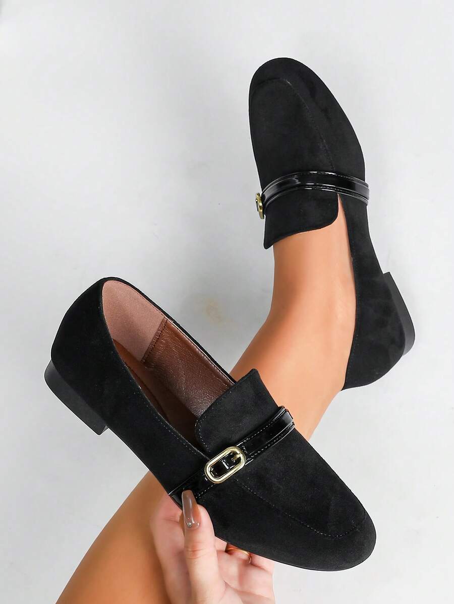 Women's Fashion Metal Buckle Round Toe Low Heel Flats - Black - View 1