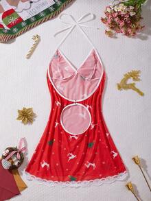 Women's Red,Christmas,Deer&Christmas Tree Print,Deep V-Neck,Hollow Out,Lace Splice,Sheer&Backless,Babydolls,Sexy Lingerie Dress - Red - View 6