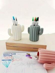 Porta-canetas minimalista nórdico em forma de cacto, caixa de armazenamento de mesa, vaso multifuncional adequado para pincéis de maquiagem, joias, pulseiras, chaves e outros itens pequenos, vaso de decoração para casa, ideal para banheiro e quarto (cor aleatória) - Multicolorido - Ver 3
