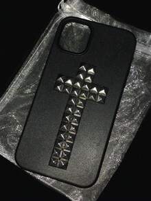 1pc Halloween DIY Punk Rivet Cross Religious Rock Rivet Metal Leather Phone Case, Compatible With Iphone 17 Pro Max 16 15 14 13 12 11 Pro Max Plus, Soft Back Cover - Black - View 4