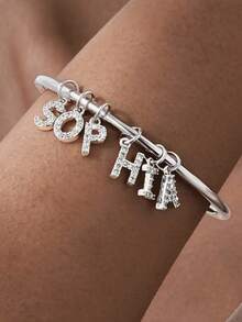 1 pièce Bracelet personnalisé minimaliste avec lettre en strass, en acier inoxydable, design fermé, bracelet de couple, cadeau pour elle (Taille : 6,3 cm/2,48 pouces, avec boîte cadeau) - Multicolore - Voir 11