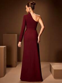 Women's Oblique Collar Solid Color Ruched Beaded Bodycon Maxi Dress, Long Sleeve - Burgundy - View 2