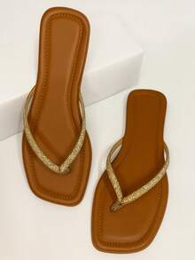 Women's Flat Sandals With Shiny Comfortable Flip-Flops - 駝色 - 查看 1