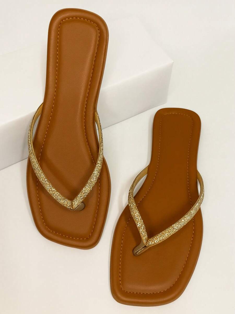 Women's Flat Sandals With Shiny Comfortable Flip-Flops - 駝色 - 查看 1