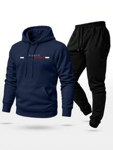 Unisex Paris Print Sweatshirt Set, Hoodie, Pants And Kangaroo Pocket Top - Navy Blue - View 2
