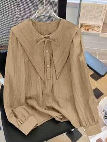 Black Pleated Long Sleeve Blouse Button Front Drawstring Detail - Polyester Washable Sailor Collar Fashion Women Shirt For All Season