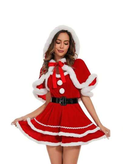 1 件圣诞节节日服装，连帽圣诞披肩，适合各种节日派对的圣诞服装，连帽斗篷，圣诞节和万圣节表演服装