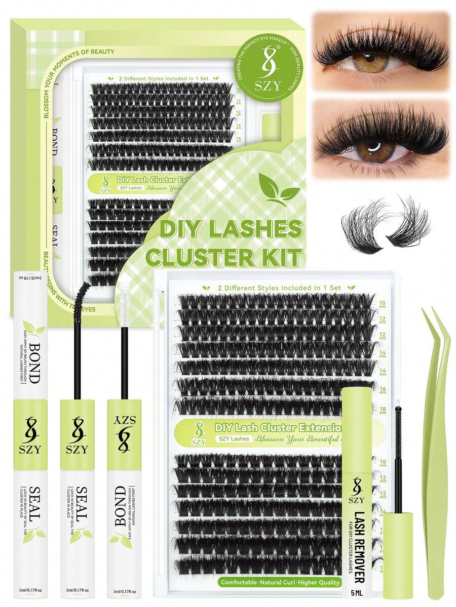 252 件 D 卷 SZY 睫毛套装 浓密睫毛 纤细单根假睫毛 带睫毛胶和密封睫毛卸妆器 睫毛镊子（60D+100D-10-18 毫米 - 套装）自然睫毛簇 - 黑色 - 查看 1