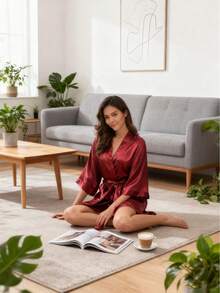 1 pieza Bata elegante de unicolor con lazo para mujer, para otoño/invierno, camisón corto de satén y seda suave y sexy. Bata corta de seda suave y ligera de unicolor y elegante con cintura anudada, adecuada para novia, dama de honor y uso doméstico. Vestido corto de temporada de bodas, bata con letra inicial, bata de mañana y bata de dormir. - Multicolor - Ver 7