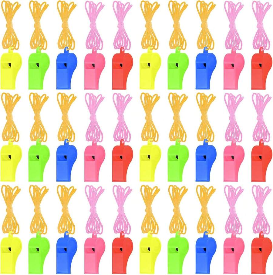 50 Pieces Plastic Whistles With Lanyard Loud Crisp Sound Whistles Bulk For Referee Sports Trainning Outdoor Camping Whistles Christmas Birthday Party Goody Bag Fillers,25535619 - Apricot - View 1