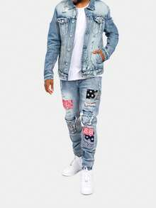 Hip Hop Printed & Embroidered Casual High Street Loose Fit Rock Youth Denim Jacket - Light Wash - View 5