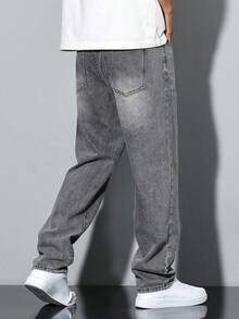 Straight-Cut Cotton Washed Denim Jeans With Slanted Pockets, Versatile Wide-Leg Relaxed Fit Washed Denim Jeans, Casual Matching Couples - Light Grey - View 2