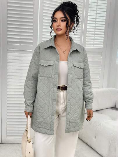 Abrigo acolchado y acolchado con bolsillo con solapa suelto y hombros caídos para mujer de talla grande, para uso casual y diario en otoño/invierno