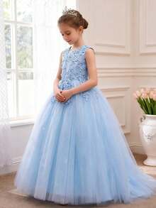 Vestito da cerimonia per ragazza pre-adolescente in pizzo, abito da sera da principessa per sfilate