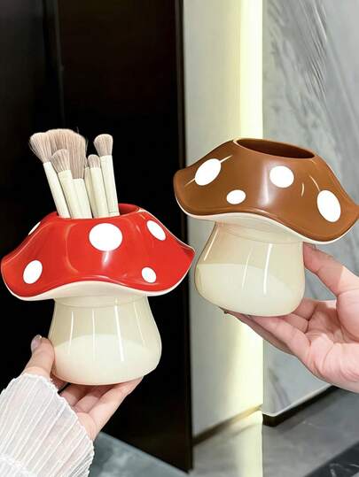 1 件桌面学生文具蘑菇装饰收纳笔筒，多场景化妆刷遥控器收纳盒
