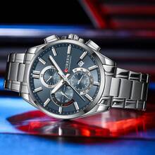 CURREN Men's Fashion Quartz Chronograph Wrist Watch, Stainless Steel Strap, With Luminous And Auto Date Display, Water Resistant - Multicolor - View 3