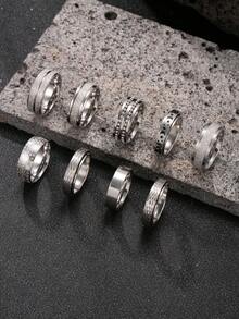 9pcs Fashionable Stainless Steel Men's Silver Ring Set, Includes Star, Moon, Copper Coin, Matte, Snake Skin Textured Elements