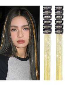 12件装闪亮发饰夹，20英寸闪光发饰接发片，夹式合成假发，发饰套装，耐热闪亮仙女发饰，适合女性和女孩日常佩戴、派对和万圣节，爪夹、发爪、发夹、发卡 - 彩色 - 查看 13