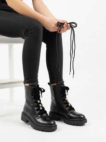 Casual Solid Color Lace-Up Side Zipper Ankle Boots, 2 Replaceable Shoelaces, Autumn - Black - View 4