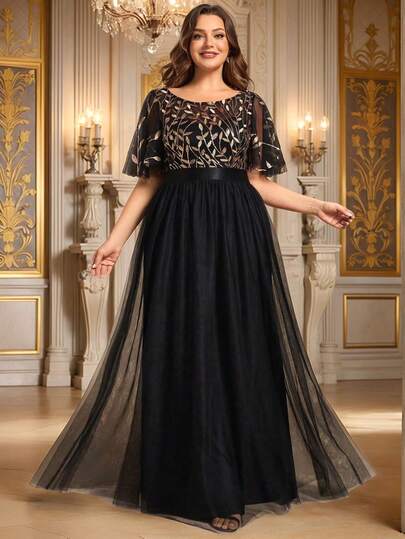 加大码花卉亮片连衣裙网眼撞色黑色伴娘礼服秋冬婚礼宾客礼服晚宴晚礼服