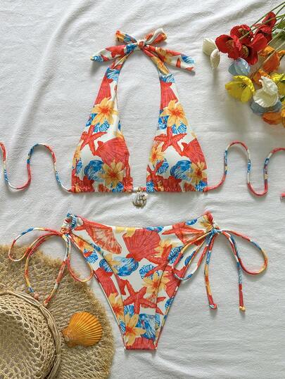 Bikini Set For Women With Floral Shell Print And Drawstring Details,Perfect For Beach Vacations, Pool Parties, And Summer Outings.