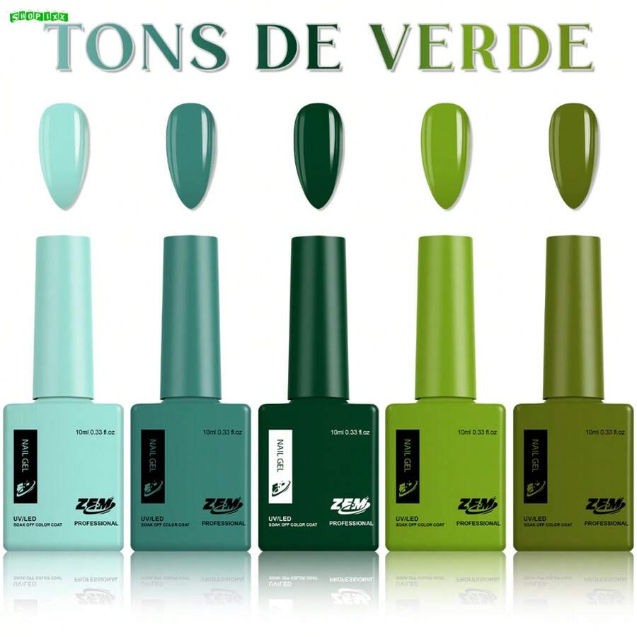 Kit Of 5 Zem Or XD LED UV Gel Nail Polishes In Vivid And Bright Colors, Soak Off Color Coat - 綠色色調 - 查看 1