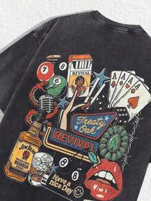 1 PCS Entertainment "Treaty Oak Revival" Graphic Tee: Featuring Distressed Vintage Finish, Front Bold "TREATY O REV" Letter Print, Back Artistic Collage Of Retro Entertainment Elements (Playing Cards, Billiards, Jim Beam Bourbon Bottle, Microphone, "Have A Nice Day" Accent), Crafted From Breathable 100% Cotton, Perfect For Infusing Nostalgic - 黑色 - 查看 3