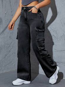 American Retro High Street Washed Workwear Jeans With Multiple Pockets For Men And Women, Loose Straight Leg Casual Pantsmujer Summer Outfits For Women Office Outfits For Women Boho Womens Clothing Pantalones Anchos De Mujer Pantalones Anchos De Mujer Classy Office Outfits For Women Boho Womens Clothing  Summer ,Country,Vintage Clothes Women,Low Rise Jean,Plus Size Women Clothes - 黑色 - 查看 2