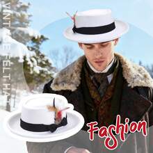 Wide Brim Fedora Hats With Feather For Women Men Western Panama Floppy Hat - trắng - Xem 5