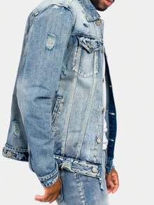 Hip Hop Printed & Embroidered Casual High Street Loose Fit Rock Youth Denim Jacket - Light Wash - View 4