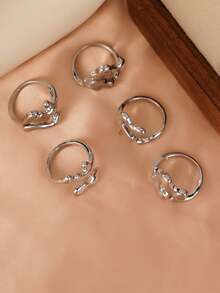5 件套创意水滴设计可叠戴几何戒指，女士日常、约会、派对配饰，节日礼物 - 銀色 - 查看 5