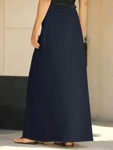 Plus Size Solid Color Casual Pocket Versatile Skirt - Navy Blue - View 5