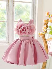 2pcs Young Girls Floral Decor Camisole Top And Skirt Set, Suitable For Birthday Party, Family Vacation, No Headband Included - Bụi hồng - Xem 4