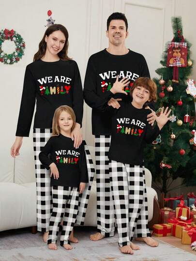Conjunto de pijamas de Navidad a juego con estampado de Papá Noel y pantalones a cuadros para la familia