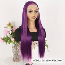 26 Inch Lace Front Wigs For Women Girls 13X6 HD Lace Frontal Hair Wig Pre Plucked Hair-Line Dark Purple Color Free Part Hair Long Straight Glueless Synthetic Lace Front Wigs For Halloween Daily Party Cosplay Use - 紫色 - 查看 7