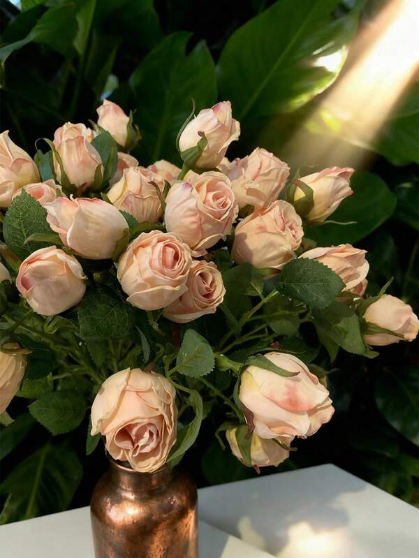 2 rosas artificiales de color rosa (48 cm) | 7 cabezas de rosa + plantas de plástico verde, estilo romántico para arreglos florales en el hogar