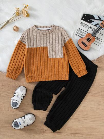 2pcs/Set Boys' Contrast Color Long Sleeve Sweatshirt And Pants Set, Casual Ribbed Patchwork, Autumn/Winter