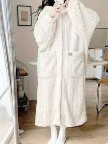 女士纯色提花休闲睡袍，保暖连帽宽松长袖法兰绒浴袍，适合秋冬季节，带口袋，可作睡衣穿着。 - 彩色 - 查看 2